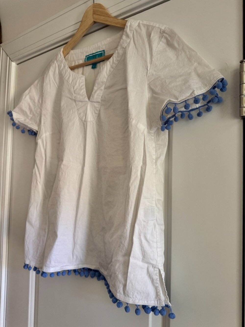 Southern Frock White Blue Pom Pom Trim 100% Cotton Top Size L - Picture 3 of 6
